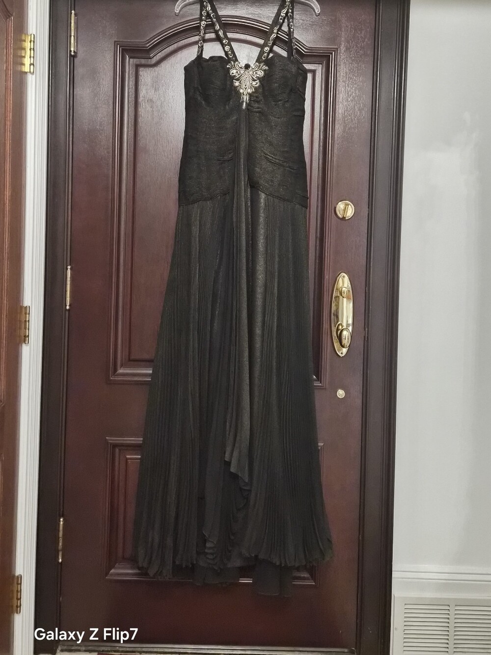 Terani Couture Black Beaded V-Strap Prom Gown